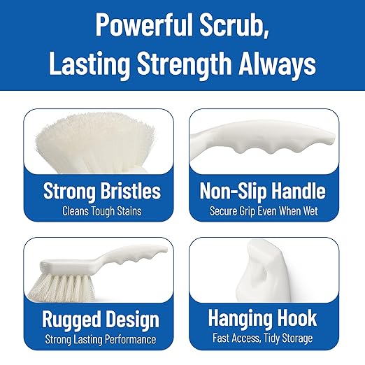 SPARTA Flo-Pac 8" Utility Scrub Brush with 2" Nylon Bristles, Plastic Pistol Grip Handle, Commercial Handheld Cleaning Brush, White
