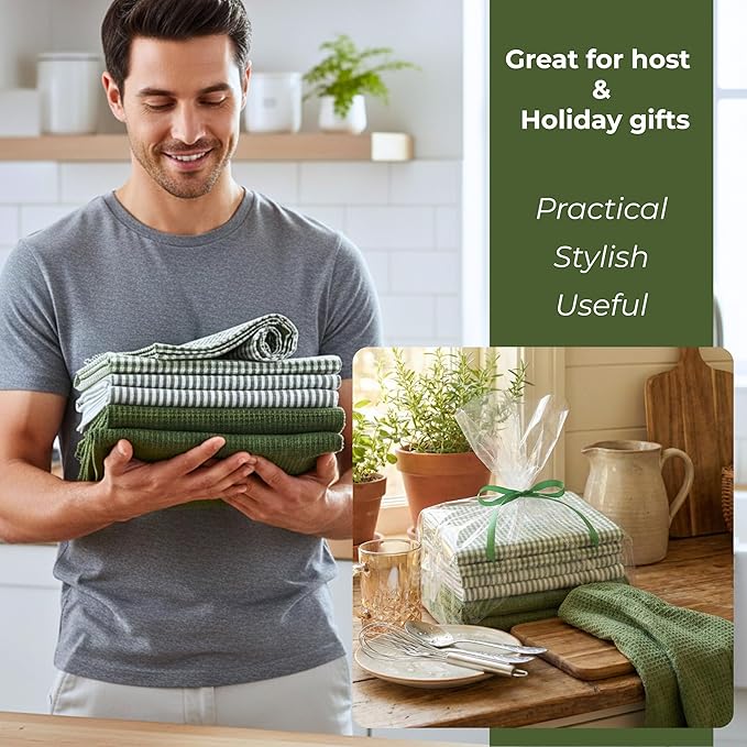 Cotton Dish Towels For Kitchen Drying - Highly Absorbent Sage Green Striped Gingham Plaid Tea Towels - 18"X28" Set Of 6 Farmhouse Linen Dishtowels In Bulk - Pano De Prato Para Cozinha - T Towles Towls