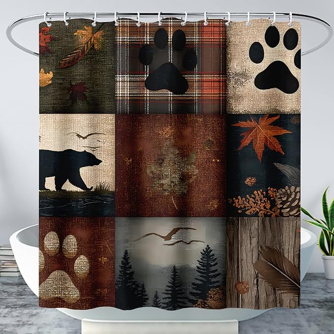 AILONEN Retro Rustic Bear Shower Curtain Set for Bathroom Decor,Vintage Animal Bath Curtains,Forest Wildlife Theme Waterproof Shower Curtain with Hooks,72" Wx84 H