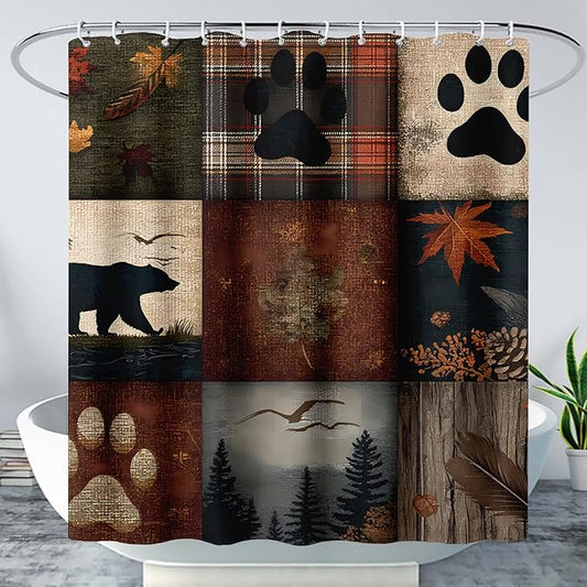 AILONEN Retro Rustic Bear Shower Curtain Set for Bathroom Decor,Vintage Animal Bath Curtains,Forest Wildlife Theme Waterproof Shower Curtain with Hooks,72" Wx84 H