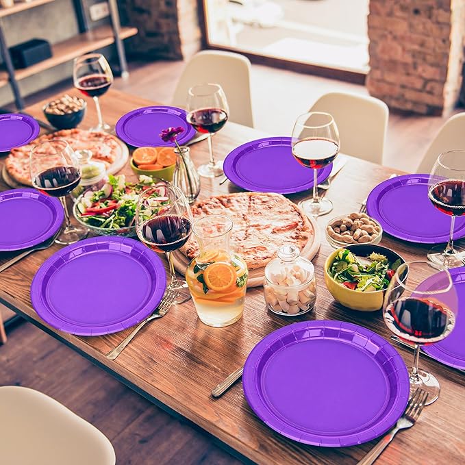 Disposable Paper Plates Set, 50 PCS Purple Dinner Paper Plates, Round 9 Inches Party Plates Pack for Daily Meal Picnic Anniversary Mardi Gras Carnival Festival Gathering Party Supplies