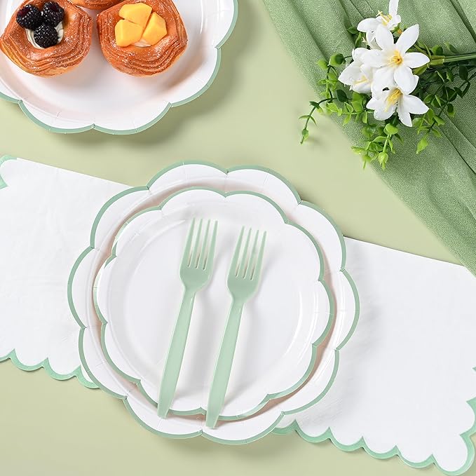 96 Pcs Sage Green and White Paper Plates and Napkins Set, Tableware set for 24 Guest include White Cake Plates with Sage Green Scalloped Edge, Napkins and Forks for Baby Shower, Bridal Shower, Wedding