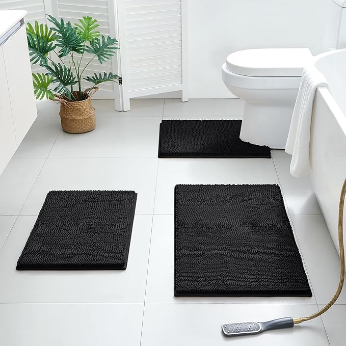 BYSURE Black Bathroom Rugs Sets 3 Piece Non Slip Extra Absorbent Plush Chenille Soft Washable Bath Mats