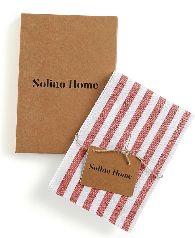 Solino Home Linen Red and White Kitchen Towels Set of 2-100% Pure Linen 17 x 26 Inch Amalfi Stripe Tea Towels with Hanging Loop - European Flax Kitchen Dish Cloth - Quick Dry & Machine Washable