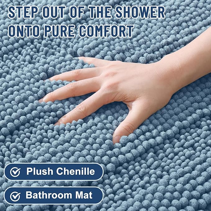 Grandaily Chenille Striped Bathroom Rugs 40x32, Extra Thick and Soft Absorbent Bath Mats, Rubber Backing, Plush Shaggy Shower Carpet, Machine Wash Dry, Bath Rug for Bathroom, Airy Blue