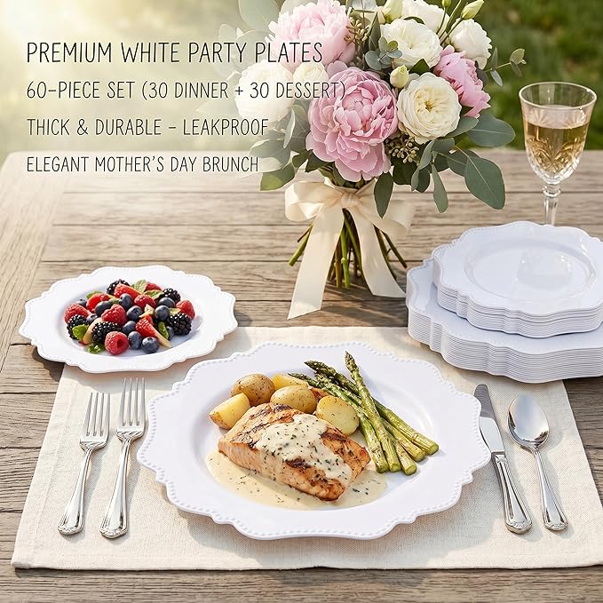 COLOSUS 60PCS White Plastic Plates-Fancy Plastic Beaded Plates,Plastic Premium Hard Plastic Plates for Party, Elegant White plates,Include10.5 Dinner plates & 8.25" Dessert plates for Mother's Day