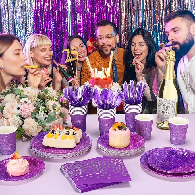 Hushee 350 Pcs Purple Holographic Print Party Supplies Guests Disposable Dinnerware Set Include Paper Plates, Napkins, Cups, Plastic Cutlery for Wedding Birthday Disco Bachelorette