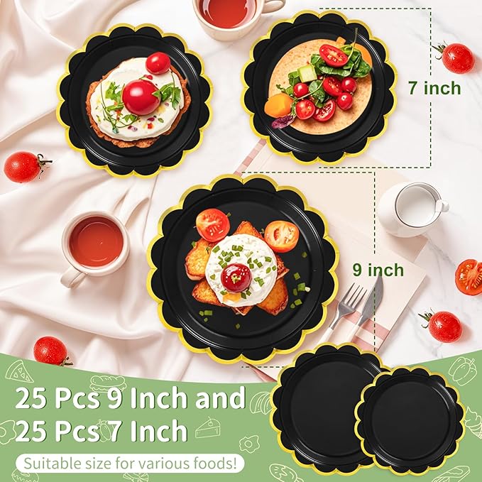 50 Pcs Black Paper Plates, 25 Pcs 9" and 25 Pcs 7" Disposable Halloween Scalloped Plates with Gold Foil for Graduation Wedding Baby Shower Birthday Party Picnic BBQ