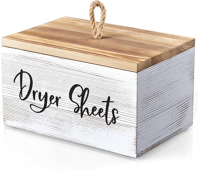 Dryer Sheet Holder, White Washed Wood Laundry Sheets Container, Laundry Room Organization and Storage for Farmhouse Laundry Room Decor and Accessories, Fabric Sheet Holder