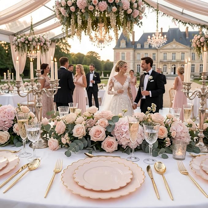 LIYH 60 Pcs Pink Plastic Plates with Gold Pink Plates Disposable Plate Includes 30 Dinner 10.25" and 30 Dessert Plate 7.5" for Baby Shower,Weddings,Parties,Birthday,Mothers Day