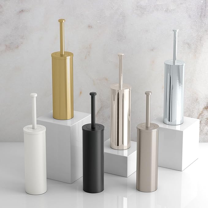 Gatco 1481B Latitude II Toilet Brush Holder, Freestanding Bathroom Toilet Brush Set, Gold