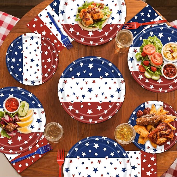 96 Pieces Patriotic Plates and Napkins 4th of July Tableware Set, Red White Blue Stripes with Stars Disposable Paper Plates, Napkins, Forks for Independence Day Memorial Day Party Supplies- Serves 24