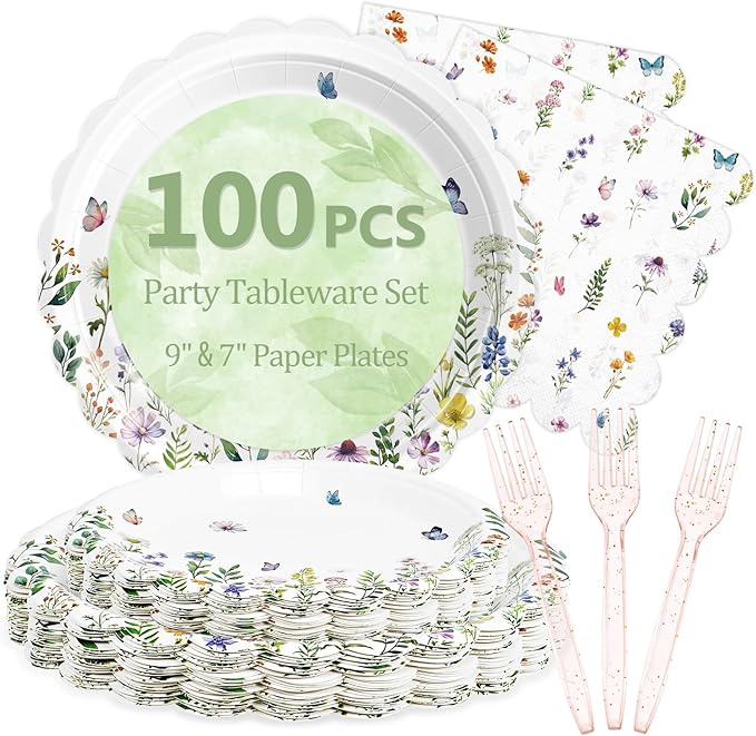 Mulbozy 100 Wildflower Themed Plates and Napkins Disposable Set Includes 25-9" & 25-7" Dessert Cake Scalloped Plates, Cocktail Napkins, Forks for for Holiday Party Supplies