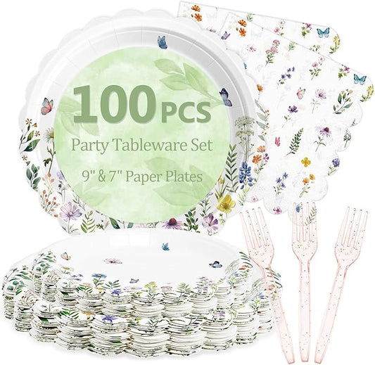 Mulbozy 100 Wildflower Themed Plates and Napkins Disposable Set Includes 25-9" & 25-7" Dessert Cake Scalloped Plates, Cocktail Napkins, Forks for for Holiday Party Supplies