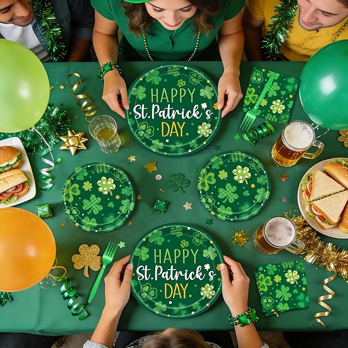 96 Pieces Happy St. Patrick's Day Plates and Napkins Tableware Set, Green Shamrock Lucky Disposable Dinnerware with Paper Plates, Napkins, and Forks for St Patrick Day Irish Party Supplies- Serves 24
