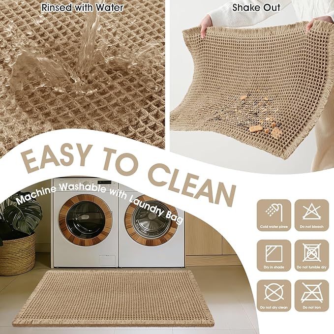 ACCUMTEK Upgraded Waffle Bath Mat, 32"x20" Beige, Super Absorbent Non-Slip Quick Dry Bathroom Rugs with Tassels, Machine Washable Ultra Soft Boho Bath Rugs for Floor, Toilet Mats Boho Farmhouse Decor