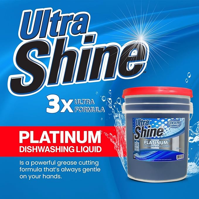Ultra Shine 4 Pack 3X Platinum Bulk Dishwashing Liquid, Powerful Grease Remover, 5-Gallon - Concentrated Dish Cleaner Soap for Commercial Kitchens, Restaurants & Home Cleaning, Gentle on Hands & Skin