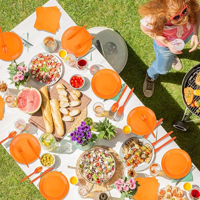 228PCS Orange Party Supplies Set Include Paper Plates Cups Paper Napkins Plastic Spoons Forks Knives for 30 Guests Disposable Party Dinnerware for Birthday Wedding Family Picnic