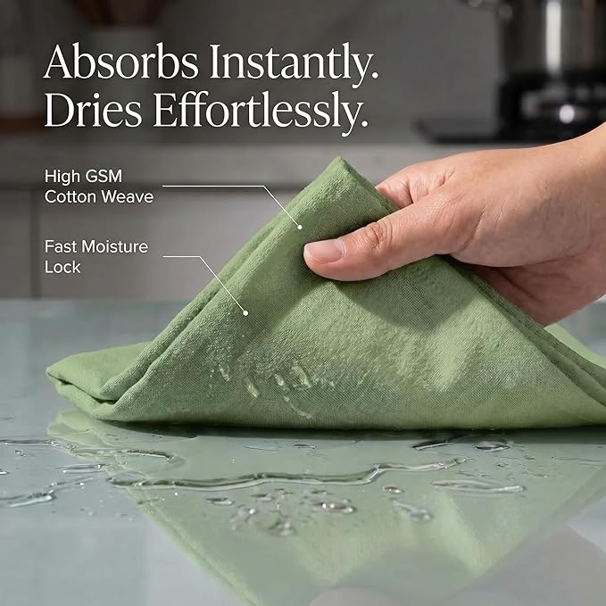 Urban Villa Kitchen Towels 100% Cotton Dish Towels for Kitchen(Set of 6)20”x30” Dish Cloths Highly Absorbent Kitchen Linen Set with Hanging Loop Perfect for Drying Dishes Cleaning Hand Towels – Green