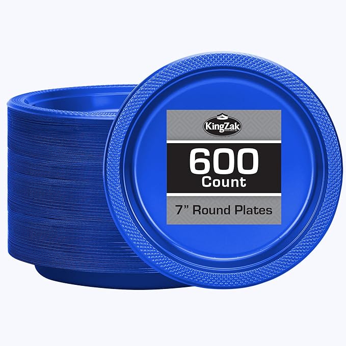 Hanna K. Signature Blue Plastic Plates 7 Inch 600 Count – Heavy Duty Disposable Dessert Plates Bulk for Catering, Weddings & Events