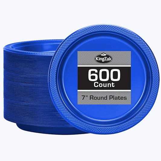 Hanna K. Signature Blue Plastic Plates 7 Inch 600 Count – Heavy Duty Disposable Dessert Plates Bulk for Catering, Weddings & Events
