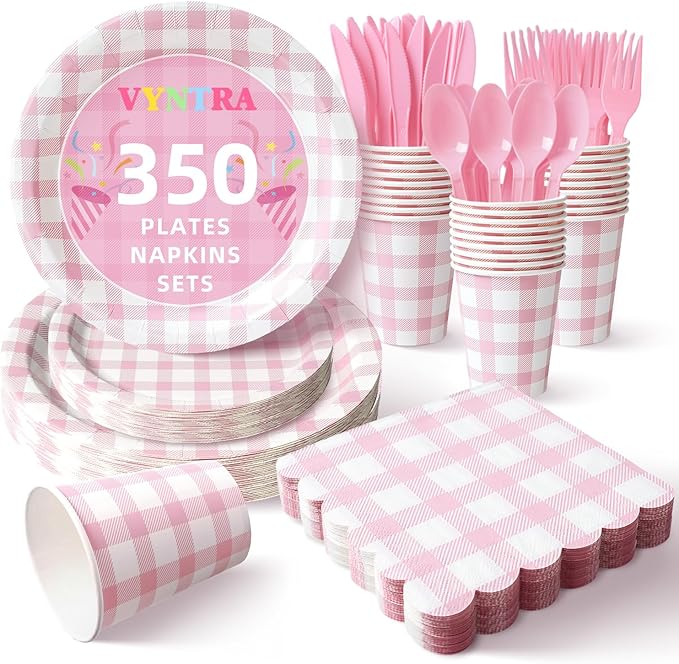 Vyntra 350 Pcs Pink Gingham Paper Plates and Napkins Set for 50, 9" Dinner Plates & 7" Dessert Plate, Baby Girl Shower Birthday Party