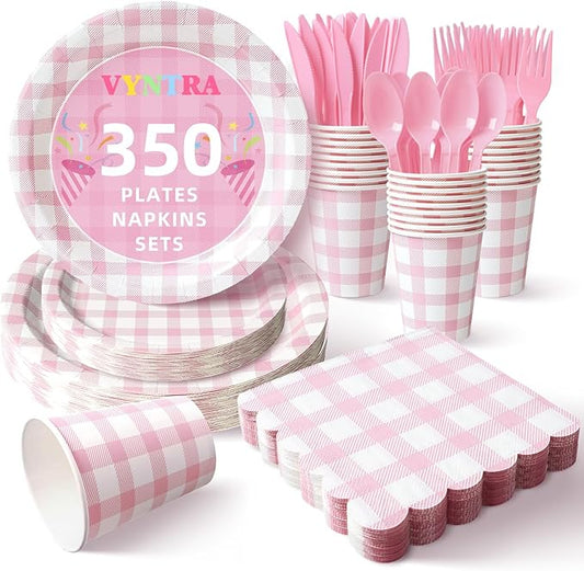 Vyntra 350 Pcs Pink Gingham Paper Plates and Napkins Set for 50, 9" Dinner Plates & 7" Dessert Plate, Baby Girl Shower Birthday Party