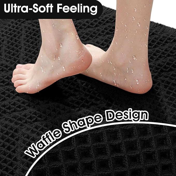 Upgraded Waffle Bath Mat Set 2 Piece Black-Herringbone, Super Absorbent Non-Slip Quick Dry Bathroom Rugs with Tassels, Machine Washable Ultra Soft Boho Bath Rugs, Toilet Mats Boho Farmhouse Decor