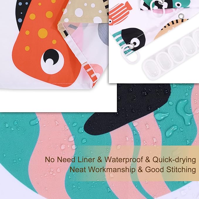 RosieLily Fish Shower Curtain, Kids Shower Curtains Set with 12 Hooks, Waterproof Shower Curtain, Cartoon Fun Fishes Bath Curtains, 72x72 ''