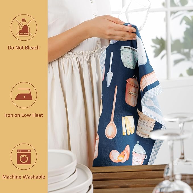 Maison d'Hermine Kitchen Towels Set of 2 100% Cotton 27.50" x 20" Reusable Cloth Tea Dish Towels Absorbent with Hanging Loop for Kitchen, Home, Dining, Cocktail Parties (Let's Bake)