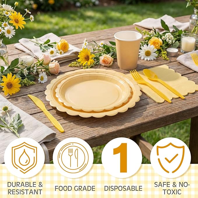 Ziliny 350 Pcs Light Yellow Plates and Napkins, 50 Guest Spring Easter Party Supplies Include Scalloped Paper Plates Napkins Cups Plastic Spoons Forks Knives Disposable Tableware Set for Baby Shower