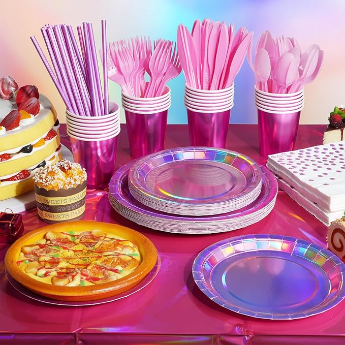 Iridescent Pink Party Supplies Decorations Serve100, Hot Pink Holographic Paper Plates and Napkins Set, Disposable Pink Paper Plates Cups Knives Spoons Fork for Mermaid Disco Kpop Birthday Party Decor