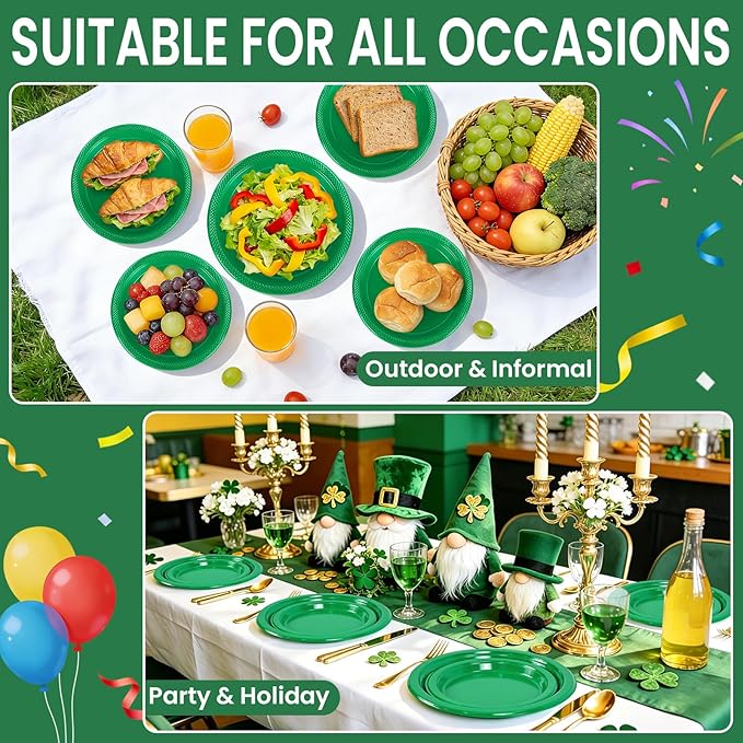 LANLISA 50 Pcs Green Plastic Plates For Party, 25-9" & 25-7" Disposable Cake Dessert Plates For Birthday, St Patricks Day, Christmas Dinner