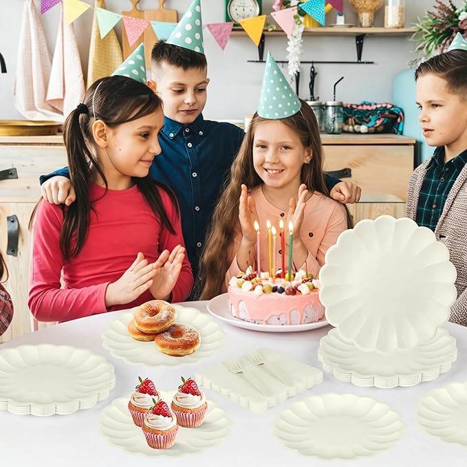 75 Pcs Ivory Paper Plates and Napkins Disposable Tableware Set Include Cream Scalloped Plates with Shell Edge, Napkins & Plastic Forks for Wedding Baby Shower Birthday Party, Serve for 25 Guests