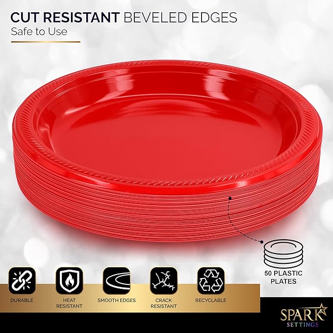 Amcrate Disposable Red Plastic Dinner Plates, 10.4 Inches, Strong and Sturdy for Party, Holiday, Picnic, or Travel - Pack of 50