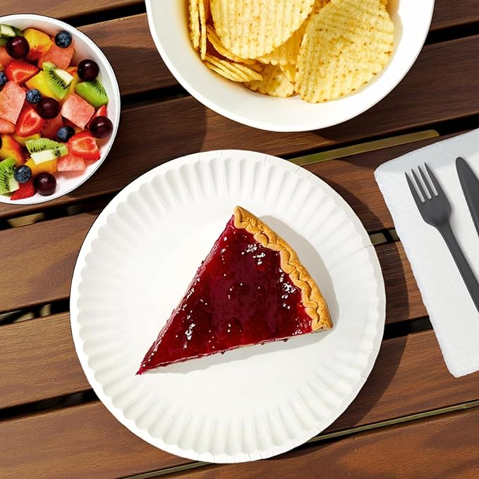 Amazon Basics 9" Uncoated White Paper Plates, Microwave Safe, Commercially Compostable, 1200 Count (Pack of 12)