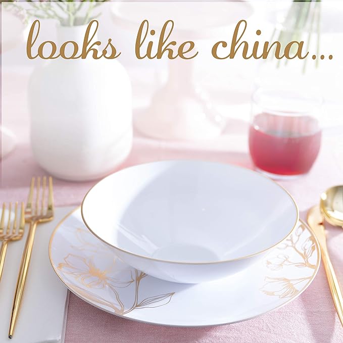 [16 OZ 10 Count] White Plastic Floral Design Party Soup bowls With Gold Rim Premium heavyweight Elegant Disposable Tableware Dishes