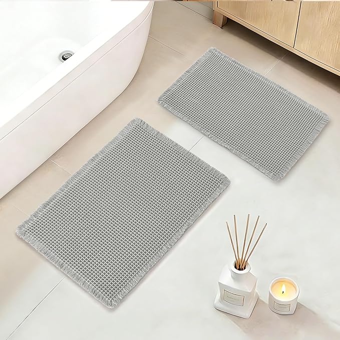 DWCN Waffle Bathroom Mat Set, Super Absorbent Non Slip Bath Rug Set for Bathroom Floor, Shower Mats 2 Pcs for Tub, Washable Kitchen Rugs for Farmhouse Boho Home Decor, 24"x16"Plus 32"x20", Grey