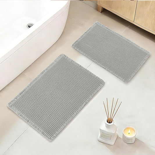 DWCN Waffle Bathroom Mat Set, Super Absorbent Non Slip Bath Rug Set for Bathroom Floor, Shower Mats 2 Pcs for Tub, Washable Kitchen Rugs for Farmhouse Boho Home Decor, 24"x16"Plus 32"x20", Grey