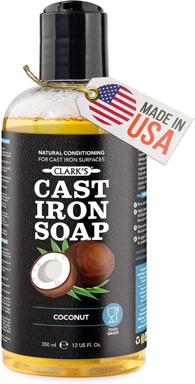 CLARK'S Cast Iron Cleaner 12 oz, Made in USA, Plant Based Coconut Cast Iron Soap for Skillets, Griddles Etc. - Protects, and Restores Cookware
