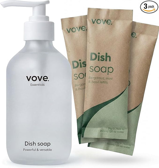 Vove Dish Soap Starter Set with Refillable Glass Pump Bottle & 3 Refills, Bergamot Mint & Basil, Powder-to-Gel Dishwashing Liquid, Plant-Based Concentrated Formula, Plastic-Free Packaging