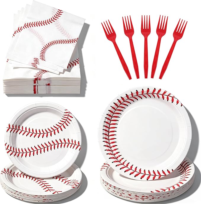 100 Pcs Baseball Party Supplies for 25 Guests, Heavy-Duty 7" & 9" Paper Plates, 2-Ply 13" Napkins & Plastic Forks, Disposable Baseball Themed Tableware Set for Game Day and Birthday
