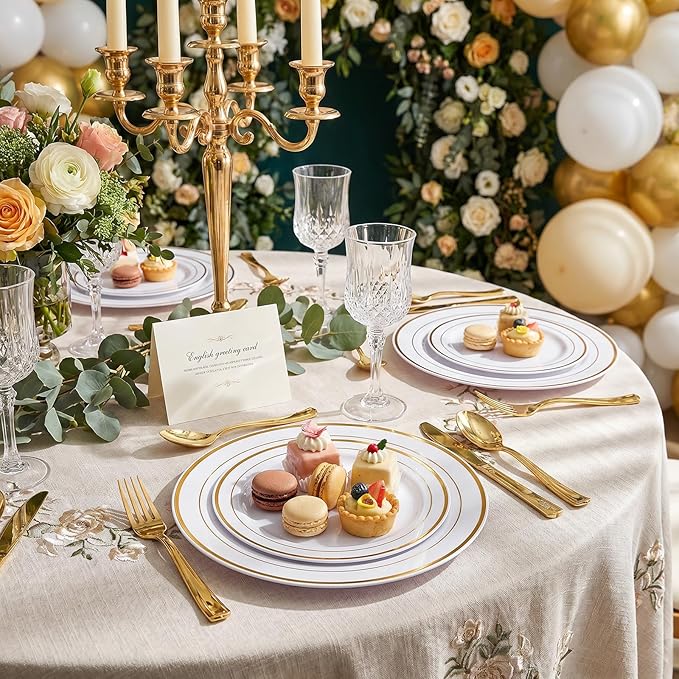 I00000 102 Pieces Gold Plastic Plates, Disposable Party Plates White Gold Rim, 51 Disposable Gold Dinner Plates 10.25 Inch and 51 Disposable Dessert Appetizer Elegant Fancy Wedding Plates 7.5 Inch
