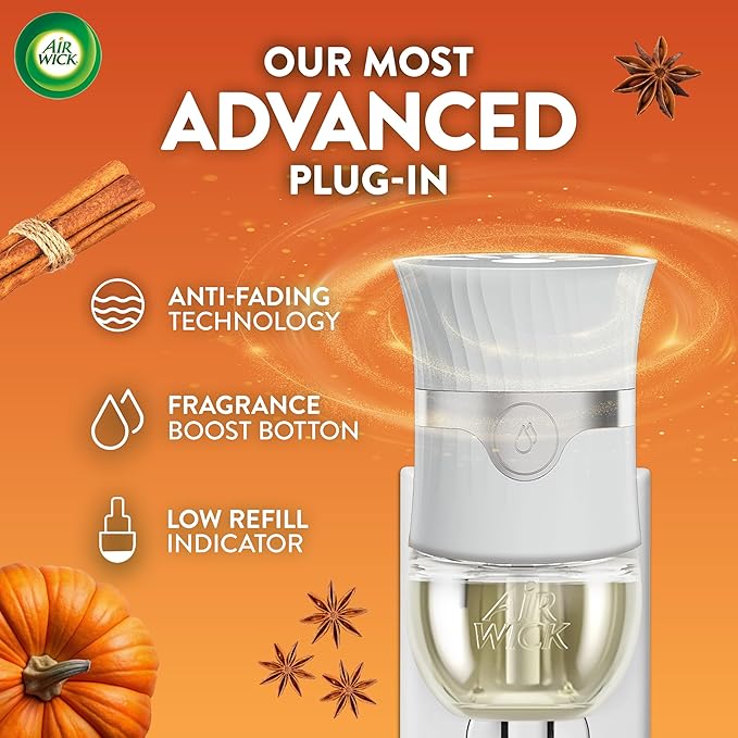 Air Wick Plug In Scented Oil Refill, Infused with Essential Oils, Plug In Air Fresheners for Home, Pumpkin Spice, 4 ct