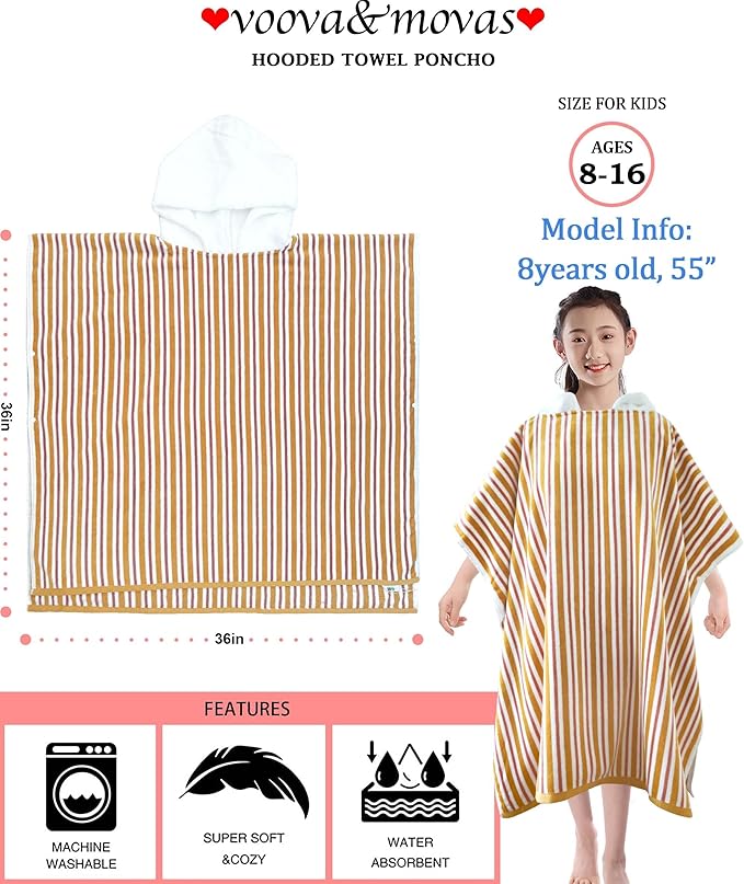 VOOVA & MOVAS Hooded Poncho Towel for Teens Unisex 100% Cotton Vibrant Lightweight Beach Surfing Bath Cover Up Orange Red Stripe
