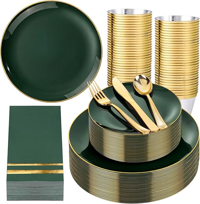 NOCCUR 350PCS Green Plastic Plates - Disposable Green Gold Dinnerware Set for 50 Guests, 100 Dinner/Dessert Plates, 150 Gold Silverware, 50 Cups&50 Napkins for Party ＆ Wedding ＆ Spring