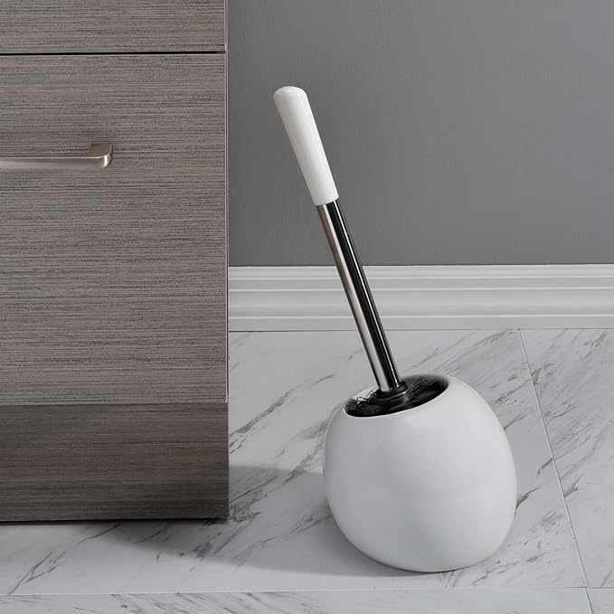 Bath Bliss Ceramic Dome Brush & Holder Set, Decorative, Modern, Freestanding, Heavy Duty Cleaning Toilet-Brushes, (Pack of 1), White