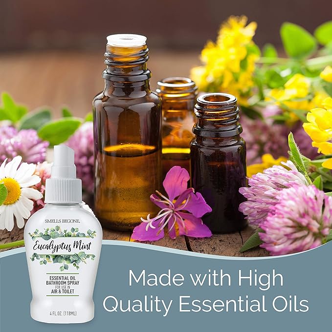 SMELLS BEGONE 4 oz Essential Oil Bathroom Spray - Instantly Eliminate Toilet & Bathroom Odors - Air Freshener Made with Essential Oils (Eucalyptus Mint)