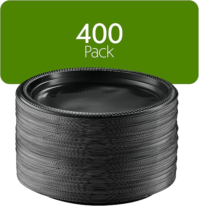 PLASTICPRO 400 PCS Black Plastic Plates Light Weight 10'' Inch Plastic Dinner Plates Black Plates Disposable for Party and Wedding