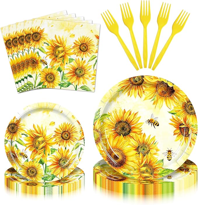 100 Pieces Sunflower Bee Party Tableware Set – Sunflower Plates, Napkins and Forks, Yellow Floral Disposable Dinnerware for Birthday, Baby Shower and Garden Party Supplies